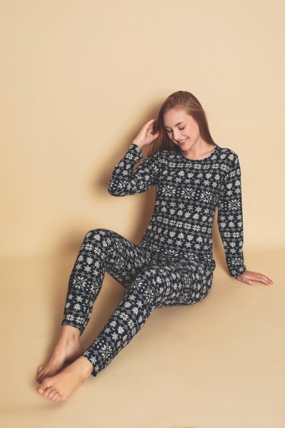Kadın Sıfır Yaka Baskılı Süet Yumuşak Kumaş Uzun Kollu Pijama Takımı LACİVERT-2XL