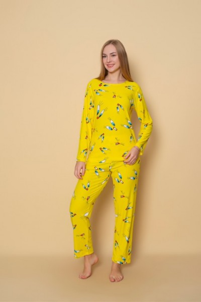 Kadın Sıfır Yaka Baskılı Süet Yumuşak Kumaş Uzun Kollu Pijama Takımı SARI-M