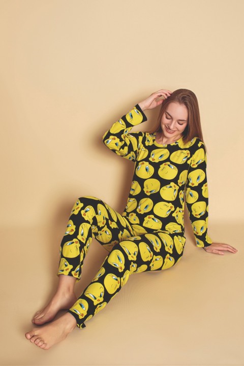 Kadın Sıfır Yaka Baskılı Süet Yumuşak Kumaş Uzun Kollu Pijama Takımı SİYAH-M