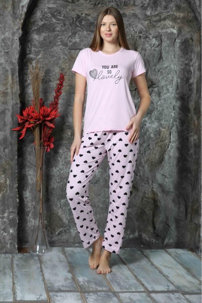 Kadın Sıfır Yaka Yazlık Kısa Kol Pijama Takımı Yeni Sezon