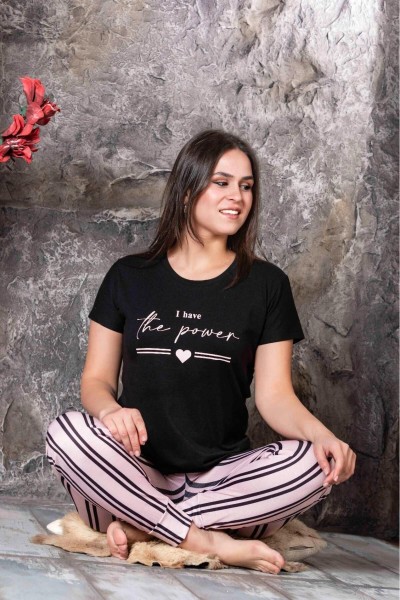 Kadın Sıfır Yaka Yazlık Kısa Kol Pijama Takımı Yeni Sezon