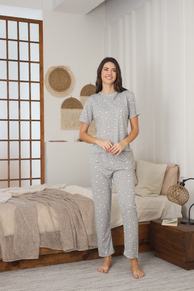 Kadın Yazlık Kısa Kol Penye Süprem Kumaş Pijama Takımı HAKİ-S/M