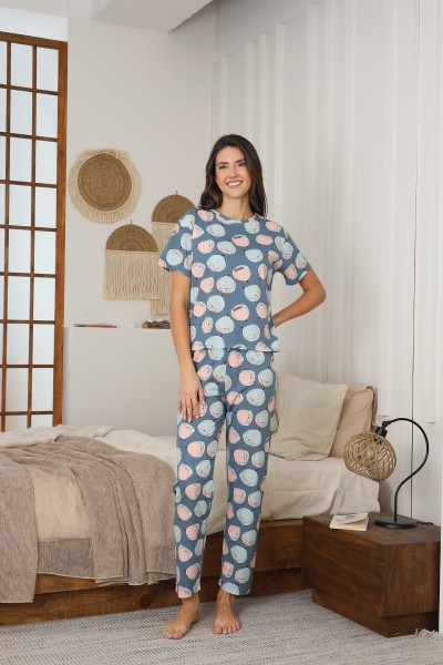Kadın Yazlık Kısa Kol Penye Süprem Kumaş Pijama Takımı MAVİ-XL