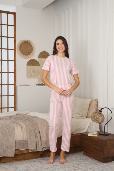 Kadın Yazlık Kısa Kol Penye Süprem Kumaş Pijama Takımı PEMBE-L