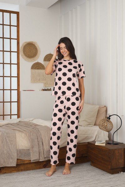 Kadın Yazlık Kısa Kol Penye Süprem Kumaş Pijama Takımı PEMBE-S/M