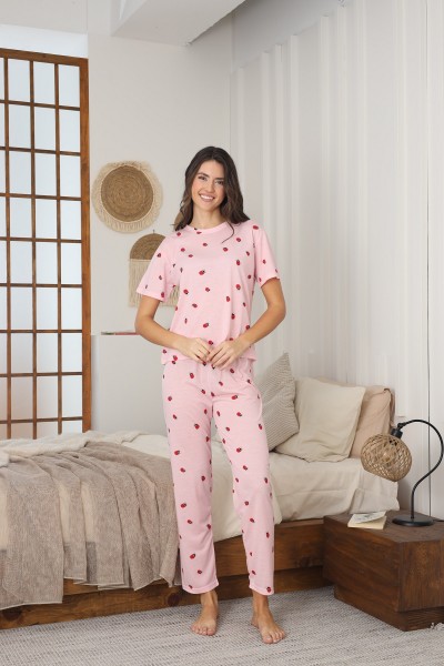 Kadın Yazlık Kısa Kol Penye Süprem Kumaş Pijama Takımı PEMBE-XL