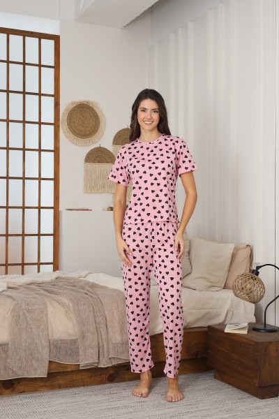 Kadın Yazlık Kısa Kol Penye Süprem Kumaş Pijama Takımı PEMBE-XL