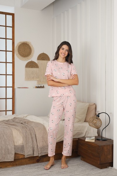 Kadın Yazlık Kısa Kol Penye Süprem Kumaş Pijama Takımı PUDRA-XL