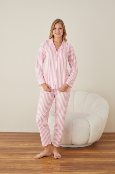 Önden Düğmeli Gömlek Model Kadın Pijama Takımı Süet Kumaş PEMBE-S/M