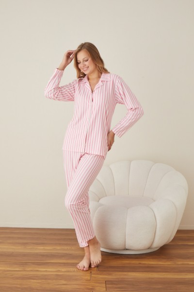 Önden Düğmeli Gömlek Model Kadın Pijama Takımı Süet Kumaş PEMBE-S/M