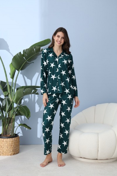 Önden Düğmeli Gömlek Model Kadın Pijama Takımı Süet Kumaş Yeşil-XL