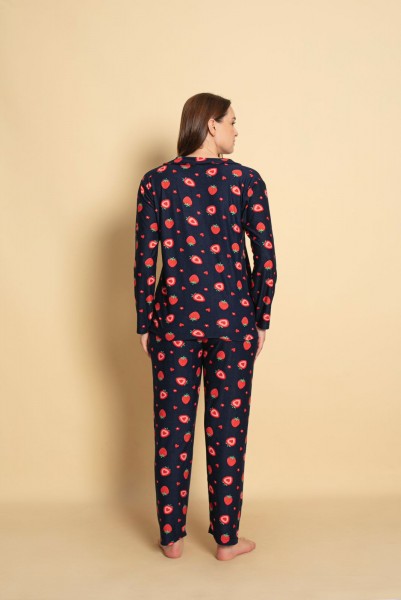 Önden Düğmeli Kadın Pijama Takımı Süet Kumaş LACİVERT-2XL