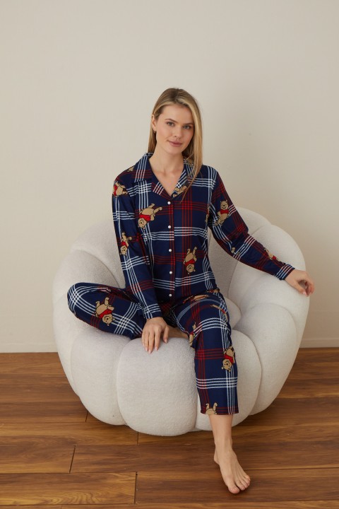 Önden Düğmeli Kadın Pijama Takımı Süet Kumaş LACİVERT-2XL