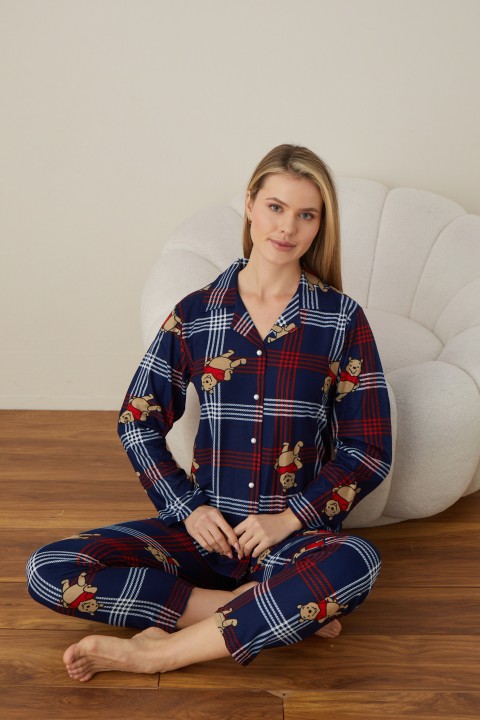 Önden Düğmeli Kadın Pijama Takımı Süet Kumaş LACİVERT-2XL