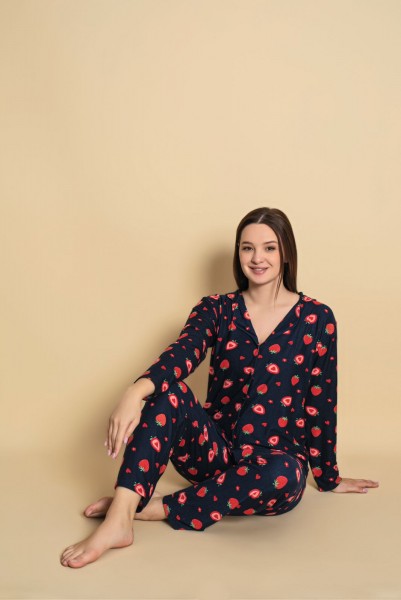 Önden Düğmeli Kadın Pijama Takımı Süet Kumaş LACİVERT-M