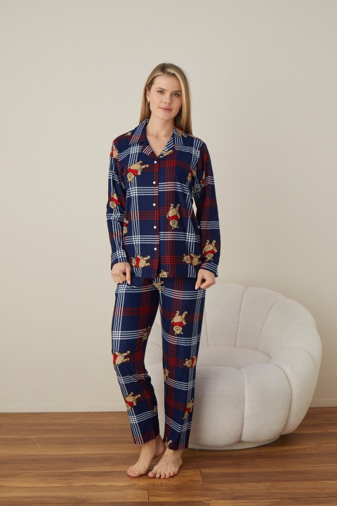 Önden Düğmeli Kadın Pijama Takımı Süet Kumaş LACİVERT-S/M
