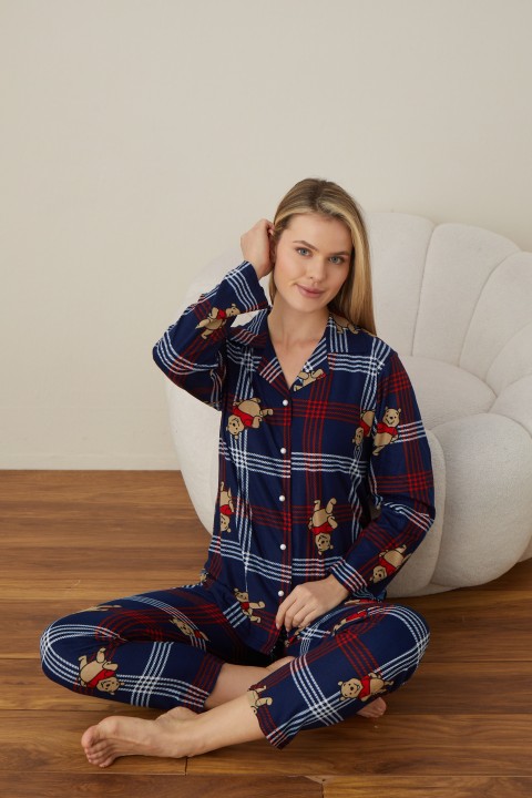 Önden Düğmeli Kadın Pijama Takımı Süet Kumaş LACİVERT-S/M