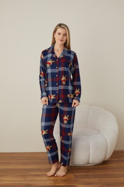 Önden Düğmeli Kadın Pijama Takımı Süet Kumaş LACİVERT-XL
