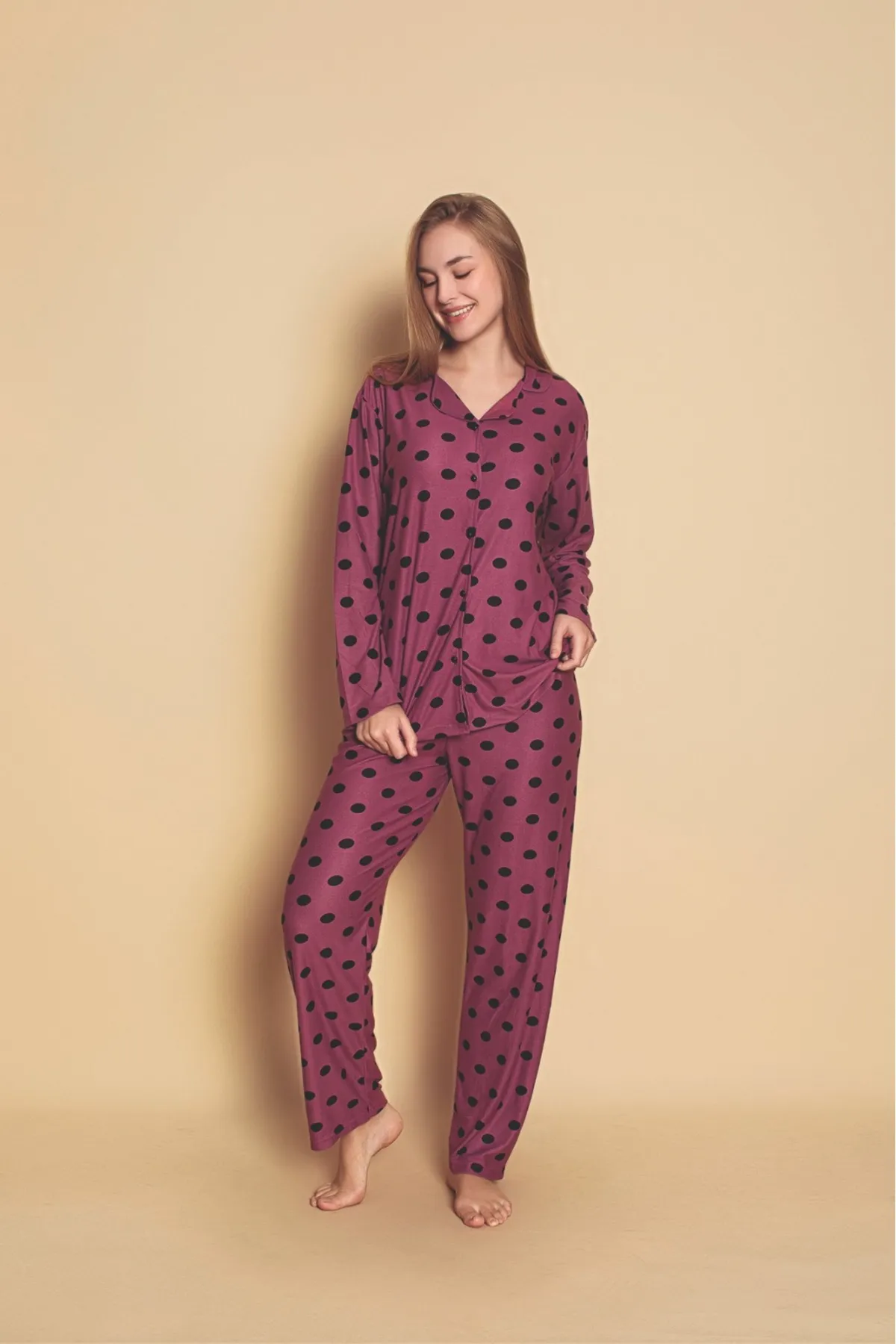 Önden Düğmeli Kadın Pijama Takımı Süet Kumaş MOR-M