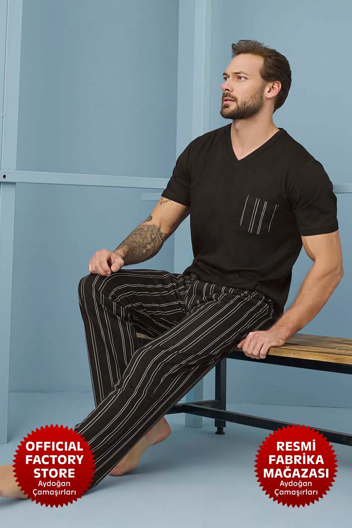  Pamuk Erkek V Yaka Yazlık Penye Pijama Takım SİYAH-M