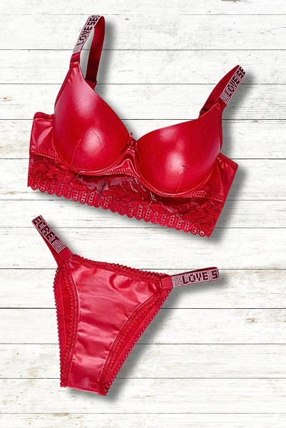 Tılsım Taşlı Deri Detaylı Dolgulu Sütyen Takım KIRMIZI-90