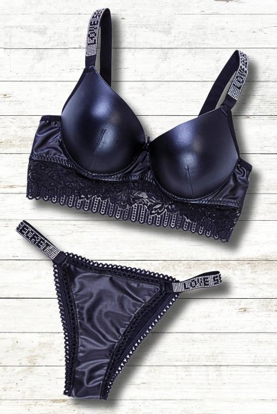 Tılsım Taşlı Deri Detaylı Dolgulu Sütyen Takım SİYAH-75