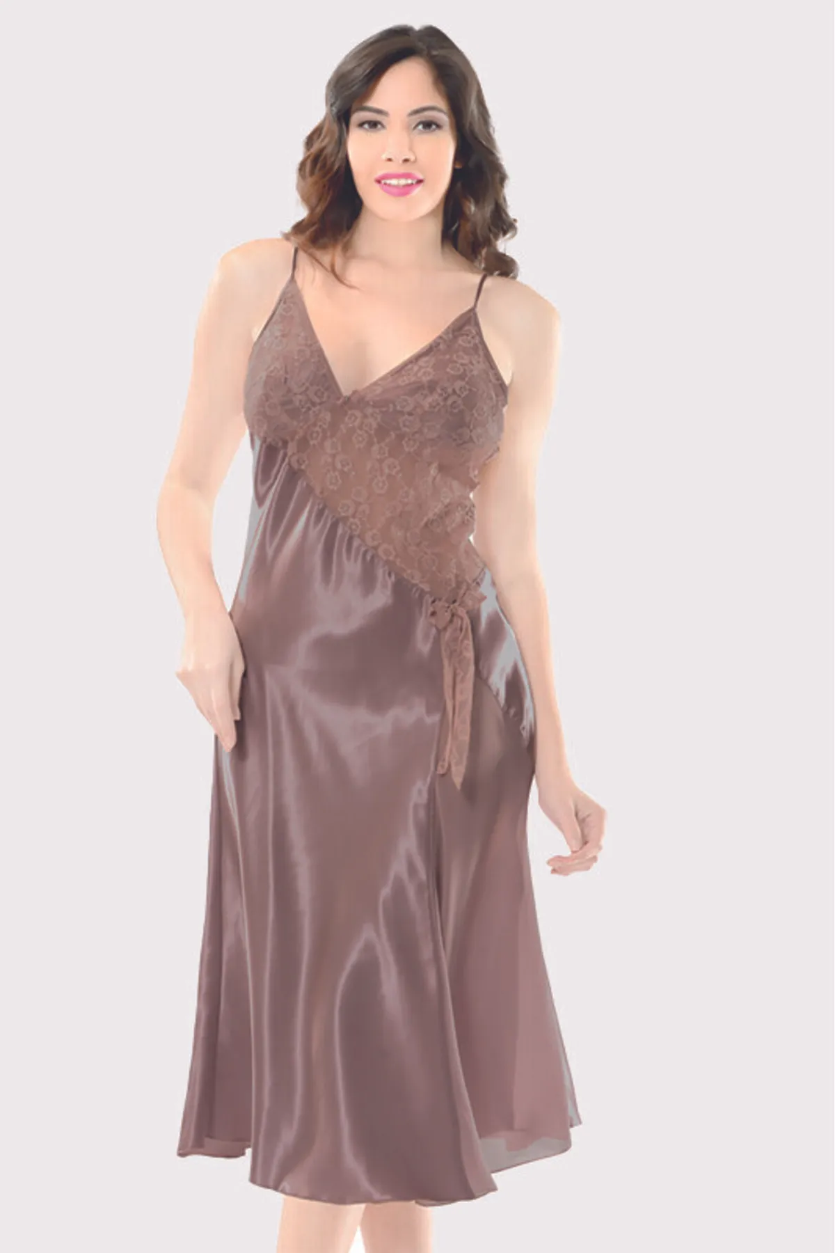 Vizon Asimetrik Transparan Saten Uzun Gecelik VİZON-S